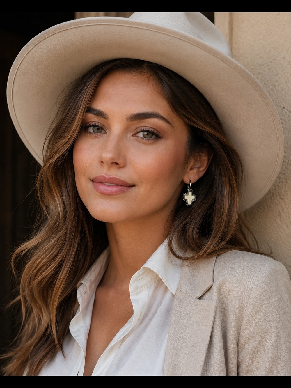 Silver Tone Cross Earrings Cream Enamel Dangle Leverback Western Boho